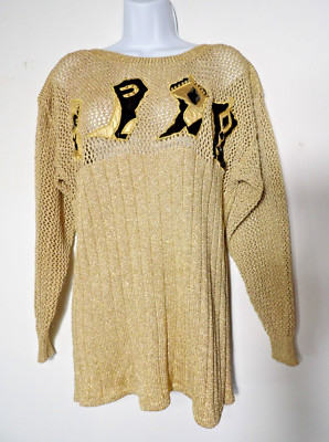 X-E-S-N-Y Sweater Womens Small Pullover Gold Metallic Open Knit Old Money Boots