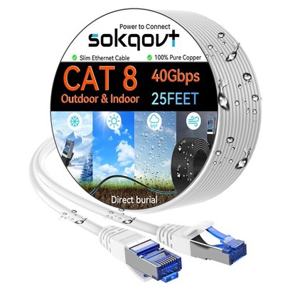 Cat 8 Ethernet Cable   25ft Heavy-Duty Outdoor/Indoor (40Gbps, 2000MHz, White)