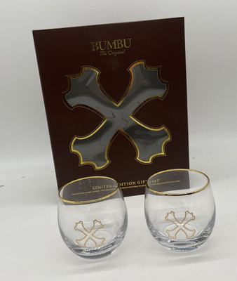 New Limited Edition Bumbu Rum Set of 2 Deluxe Rocks Glasses Gold Rim & Logo 
