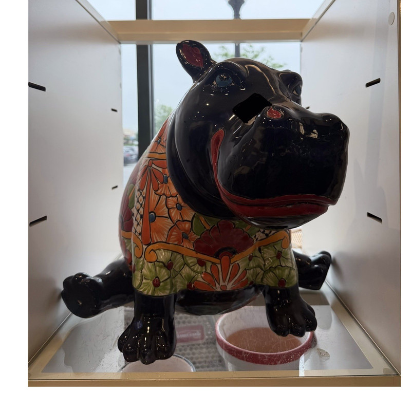 Hand Painted Ceramic Hippo Figurine Glossy Black Floral Pattern Decor