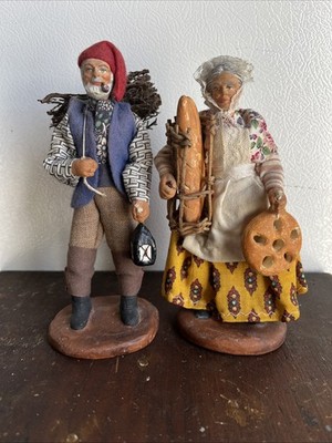 Signed Santon de Provence Couple Pipe Smoker & Bread Lady French Clay Dolls 6''