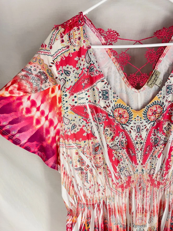 NOVO Vestido Maxi Feminino One World Boho Abstrato Renda Plissado Tamanho 2X Multicolor - Imagem 4 de 4