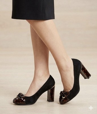STUART WEITZMAN Black Suede Tortoise Bow Pumps 6M Spain 60s Retro Block Heel   