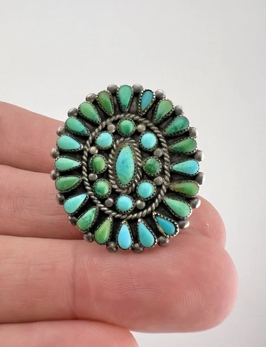 Old 1940's Zuni Sterling Silver Petit Point Turquoise Cluster Women's Oval Ring