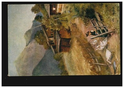 Artist postcard M. Fürst: Zur Weide - goose diesel at work, unused