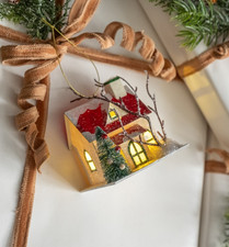 Ivory  Red Lighted Putz House ornament, vintage look, 4" tall, Ragon House NWT