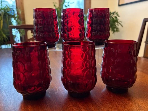 SIX Vintage 1960s Anchor Hocking Bubble Ruby Red Glasses Tumblers, 4.5", Set 6