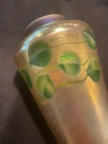 Tiffany Studios Signed Favrile Vase With  Intaglio Green Leaf & Vine Decoration