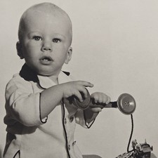 Large Vintage B&W Photo Snapshot of Baby Holding Rotary Phone Looking at Camera