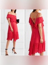 Halston Heritage Red Pleated Ruffle Midi Dres...