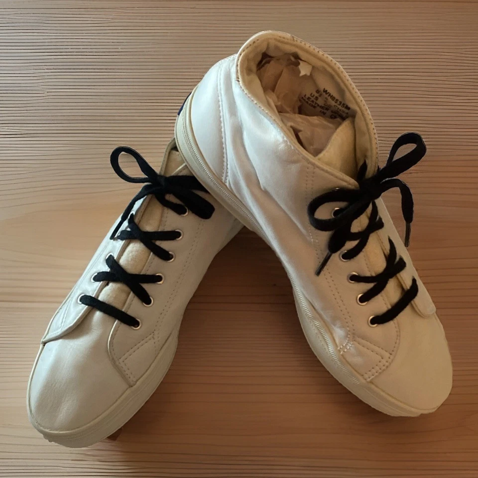 VINTAGE SHOES KEDS WHITE LEATHER BLACK LACE HIGH-TOP SNEAKERS WOMEN’S SZ 8.5 WOW - Image 2 of 4