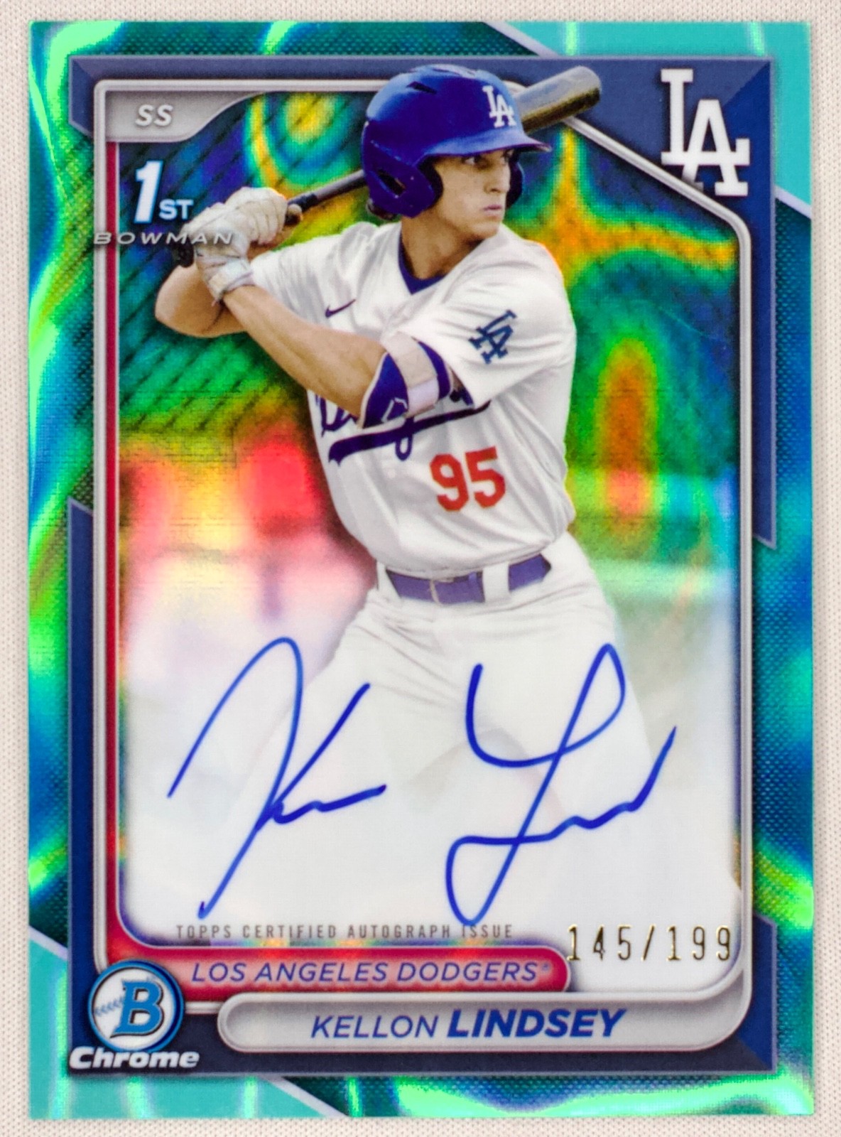 2024 Bowman Draft Chrome 1st Auto Kellon Lindsey CPA-KL Aqua Lava Refractor /199