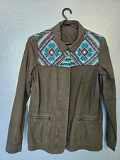 vintage ZARA Trafaluc Women's Jacket Khaki Beaded Embroidery Unlined Made in Ind