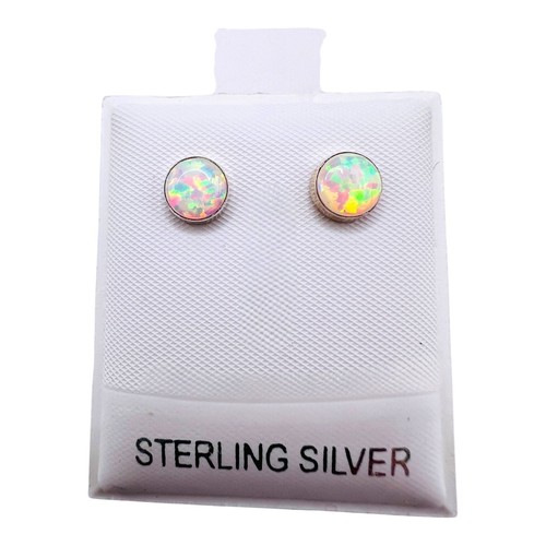 Solid 925 Sterling Silver White Opal Round Bezel Set Stud Earrings 7mm