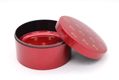 6x Lacquer Ware Untersetzer Set in Box Japan rot mit Golddekor Vintage Ø 9 cm