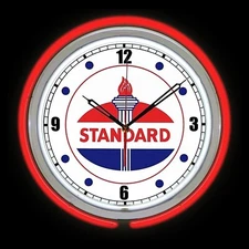 15" STANDARD OIL Torch Sign Red Double Neon Clock Man Cave Garage Shop