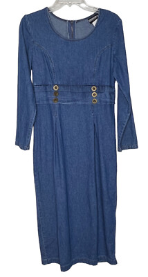 Vintage 80s 90s Denim Dress Sz 10 Blue Empire Waist Zip Tie Back 100% Cotton