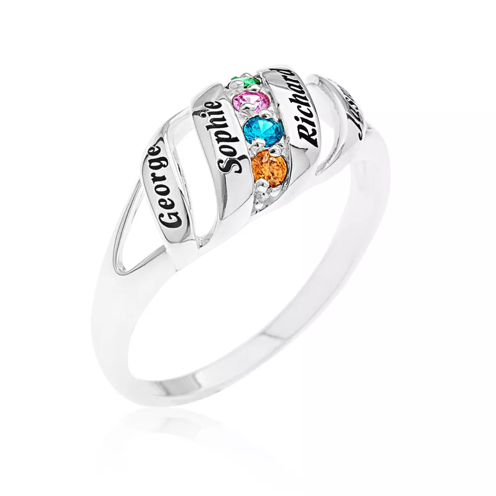 Ring Engravable Family 4 Names 4 Birthstone Sterling Ring