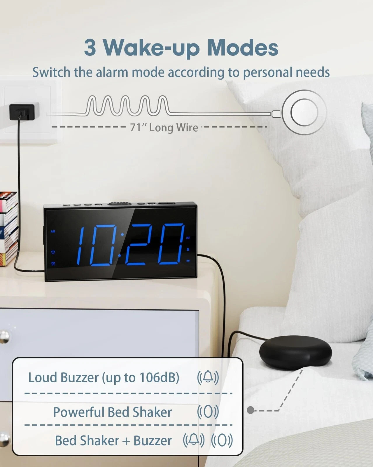 Super Loud Alarm  with Bed Shaker, Vibrating Alarm Clock for Heavy Sleepers