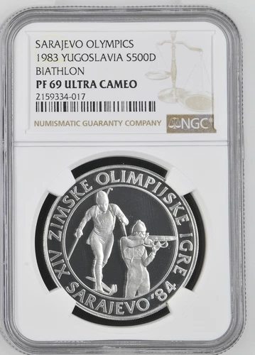YUGOSLAVIA. 1983, 500 Dinara, Silver - NGC PF69UC - Biathlon