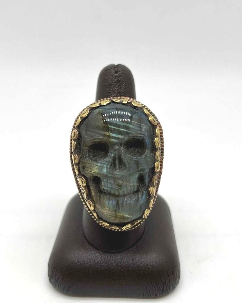 LARGE SKULL FACE LABRADORITE GEMSTONE TIBETAN DES… - image 1