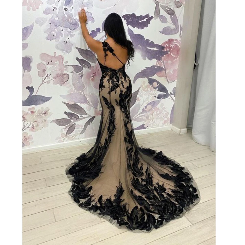 Black Champagne Gothic Wedding Dresses With Detachable Train Mermaid Gowns - Image 4 of 4