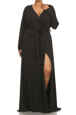 Plus Size Faux Wrap Belted Jersey Maxi Dress Front Slit Long Skirt | eBay