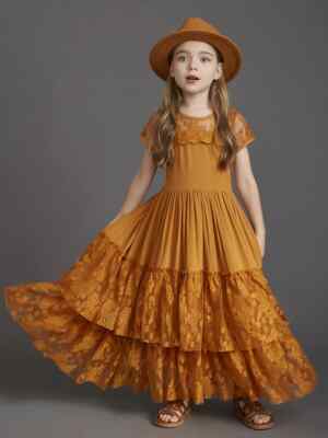 New Princess Girl Short Sleeve Lace Long Baby Kids Flower Wedding Party Vestidos