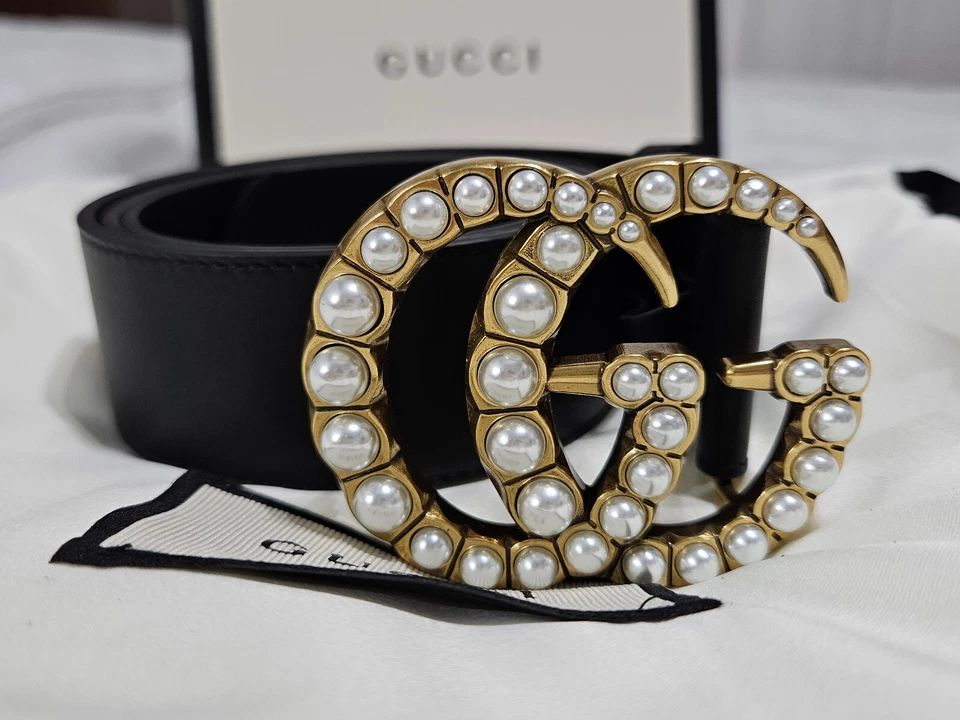 Authentic Gucci Pearl Belt Black Leather Gold GG Size 75cm 22-26 - Image 3 of 4