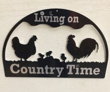 Living on Country Time Rooster Chickens Metal Sign Art 16" x 10" Farm Coop Decor