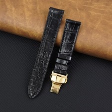 Black Flat Crocodile Leather Watch Strap Men Real Leather Gold Deployment Buckle