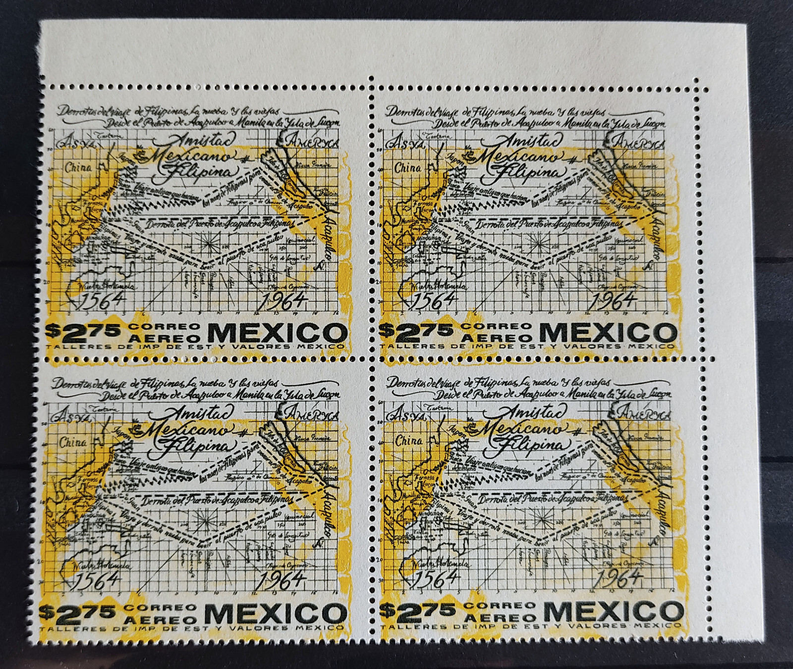 MEXICO 1964 2.75 MEXICO-PHILIPPINES issue INVERTED YELLOW in blk. 4, mint NH rar