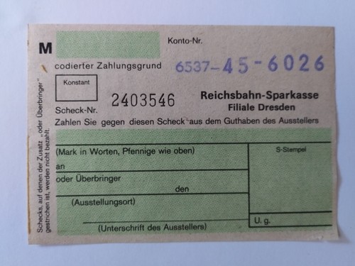 Scheck Reichsbahn-Sparkasse Dresden, bis 1990, Druck Gotha 1987, DDR