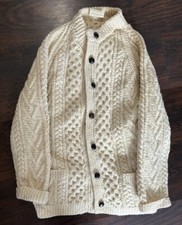 Gaeltarra Hand Knit Wool Fisherman Cable Knit Button Cardigan Men's 38 White