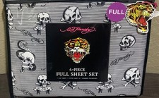 Ed Hardy Striped White/Grey/Black w/Skulls, Glory Logo Print 4pc FULL Sheet Set