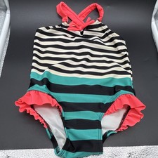 Cat Jack Girls 3T Striped One-Piece Swimsuit Ruffle Black/White/Teal/Pink