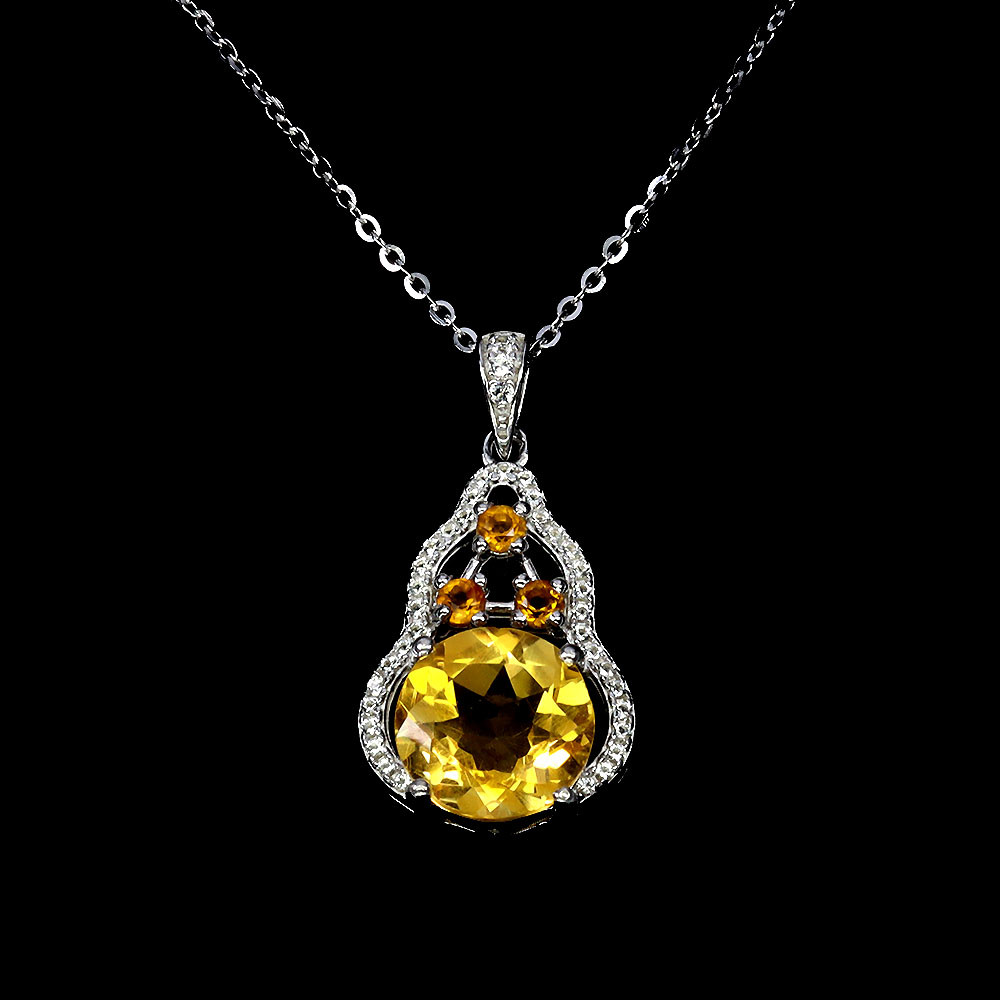 925 Sterling Silver Citrine Necklace with 10mm Round Topaz Gemstone 18