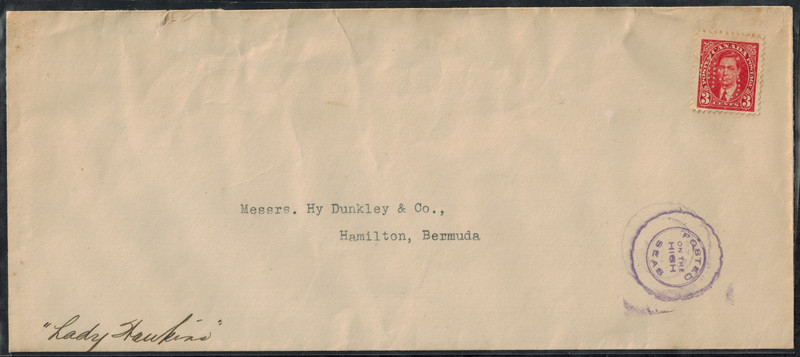 Bermuda Ship Mail w/ Canada SG 359 Punched & POSTED ON  THE HIGH SEAS PURPLE