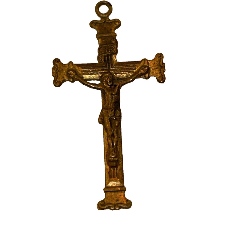 Antique Brass Crucifix Marked INRI, Also has an Inscription on the Back
