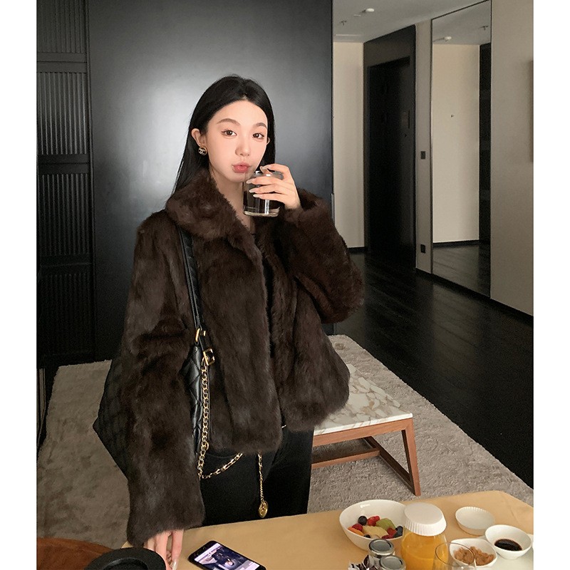 Winter Coffee Rabbit Fur Coat Short Womens Standing Lapel Collar 2026 Fur Jacket