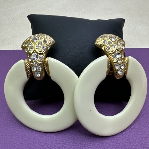 Vintage Earrings Circle Drop Large Heavy Plastic Rhinestone Gold Tone