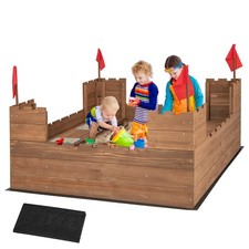 Kids Sandbox Solid Wood w/ 2 Bench Seats Outdoor Sandpit w/ Storage Box Flags