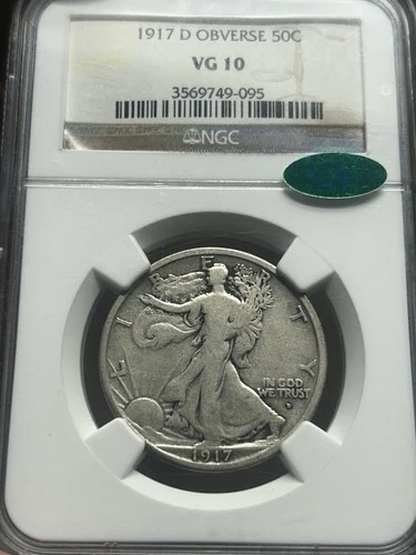 1917 D Obverse Walking Liberty Silver Half Dollar NGC VG10 CAC Very Original