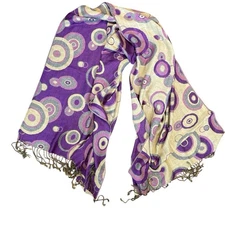 Vintage Pashmina Silk Blend Scarf Wrap Purple Circles Tan Pretty 30”x74”