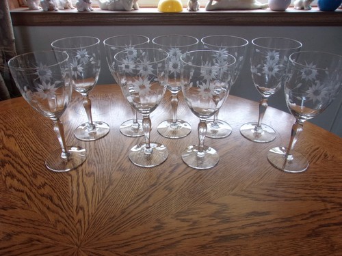 Wine Etched Paneled Vintage Gray Cut Floral Blown Lady Leg 11 Oz - Set of 9