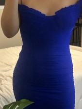Women’s Blue Off-the-Shoulder Ruched Bodycon Mini Dress Ruffle Zip