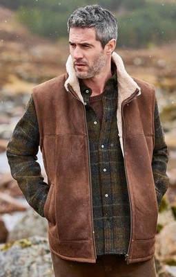 Men's Cognac New Premium Nubuck Leather Real Shearling Fur Gilet Outdoor Vest
