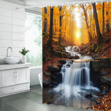 Fall Waterfall Shower Curtain Autumn Forest Tree Falling Maple Leaves Sunshine N