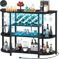 4-Tier Metal Coffee Bar Cabinet with Outlet and LED Light, Freestanding Floor...