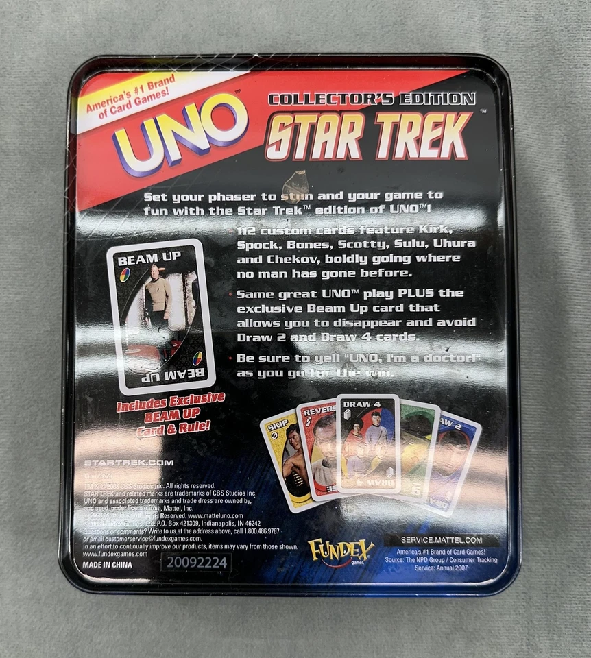 Juego de cartas UNO Star Trek Edición Coleccionista Juego de hojalata Fundex Mattel 112 cartas Foto 2 de 3
